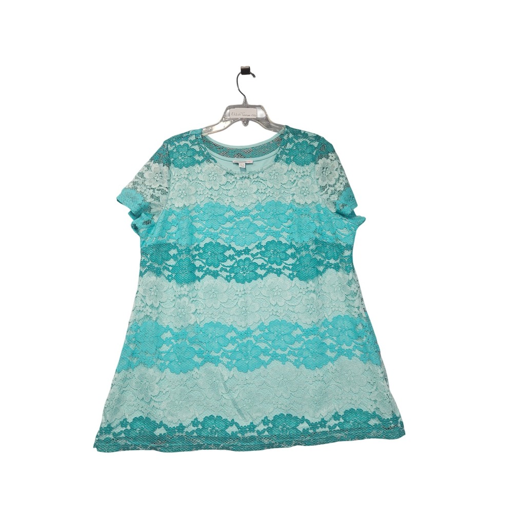 Isaac Mizrahi Live Womens XL Lace Overlay Top Aqua Teal Striped Short Sleeve